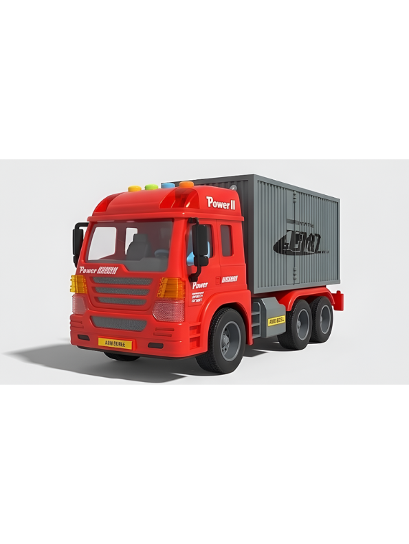 6-Wheel Red Toy Container Truck with Opening Side and Rear Cargo Doors – Friction Powered Transport Vehicle with Lights and Sound for Kids NX16772