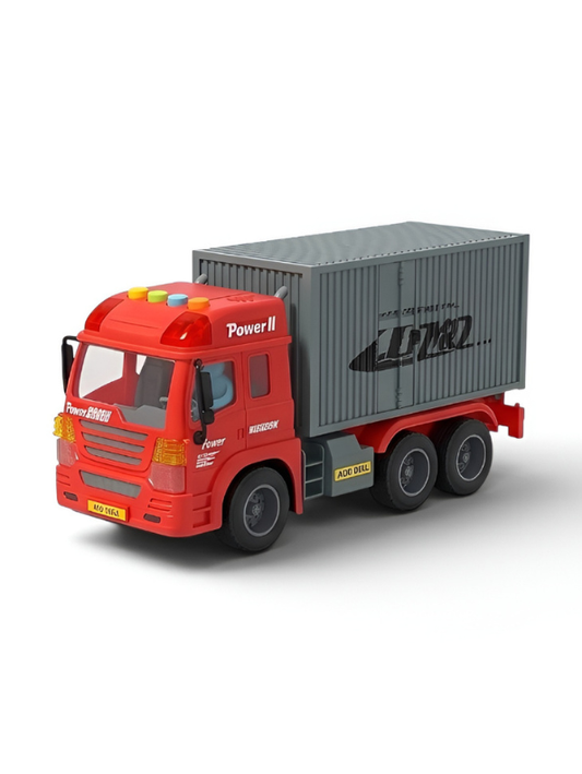 6-Wheel Red Toy Container Truck with Opening Side and Rear Cargo Doors – Friction Powered Transport Vehicle with Lights and Sound for Kids NX16772