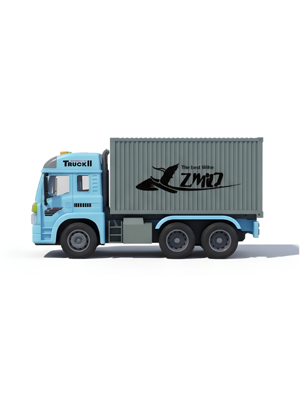6-Wheel Red Toy Container Truck with Opening Side and Rear Cargo Doors – Blue Friction Powered Transport Vehicle with Lights and Sound for Kids NX16772