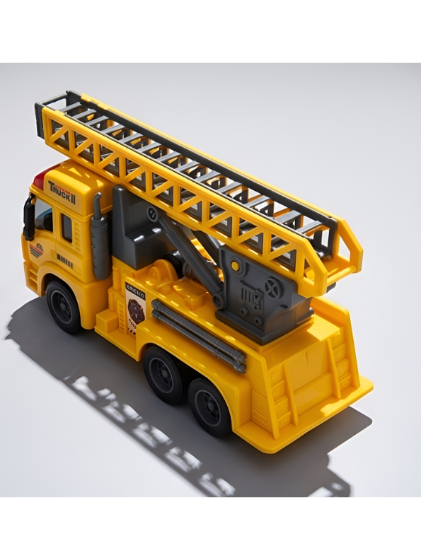 Fire Rescue Ladder Truck – Yellow Extendable 360° Rotating Aerial Ladder, Realistic Dashboard Interior, Friction Powered Construction Vehicle for Kids NX16731
