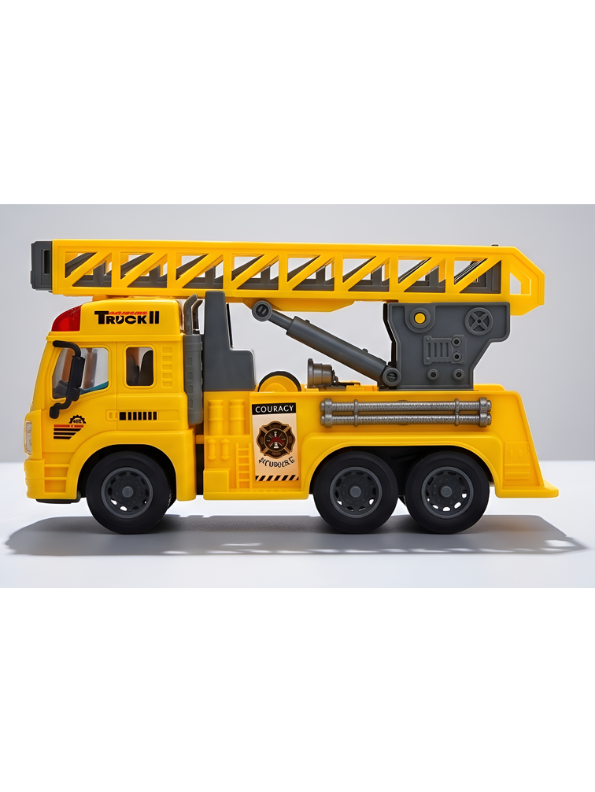Fire Rescue Ladder Truck – Yellow Extendable 360° Rotating Aerial Ladder, Realistic Dashboard Interior, Friction Powered Construction Vehicle for Kids NX16731