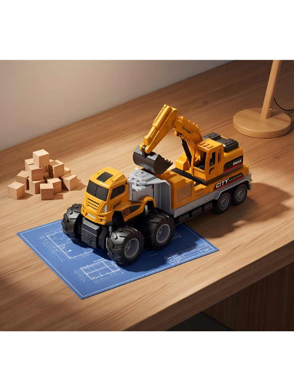 2-in-1 Friction Powered Construction Truck Toy with Excavator Digging Arm – Heavy Duty Transport Trailer for Toddlers & Kids NX13826