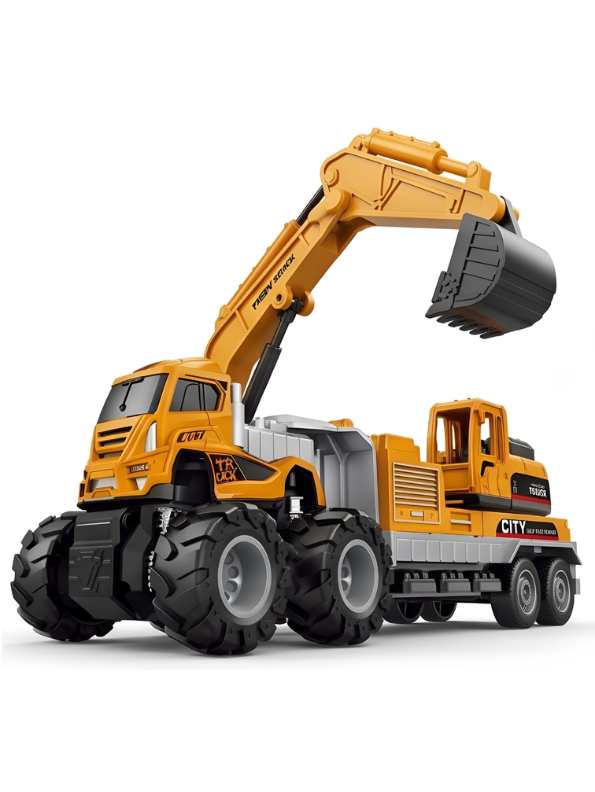 2-in-1 Friction Powered Construction Truck Toy with Excavator Digging Arm – Heavy Duty Transport Trailer for Toddlers & Kids NX13826