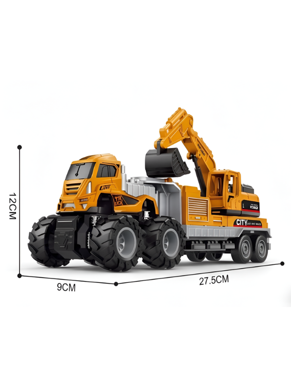 2-in-1 Friction Powered Construction Truck Toy with Excavator Digging Arm – Heavy Duty Transport Trailer for Toddlers & Kids NX13826