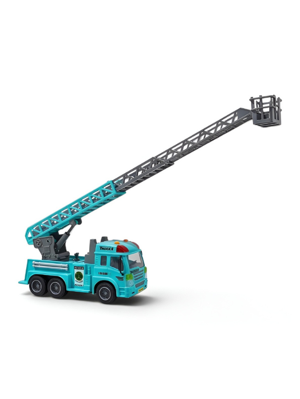Fire Rescue Ladder Truck – Blue Extendable 360° Rotating Aerial Ladder, Realistic Dashboard Interior, Friction Powered Construction Vehicle for Kids NX16731