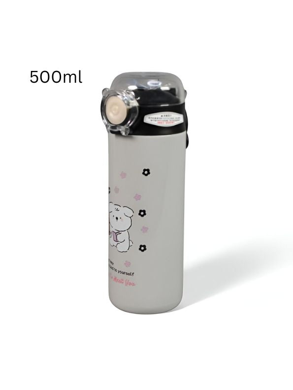 Grey - TailSip Stainless Steel Bottle – 500ml Cute Puppy Design Sipper | Perfect for School & Office NOV11558.
