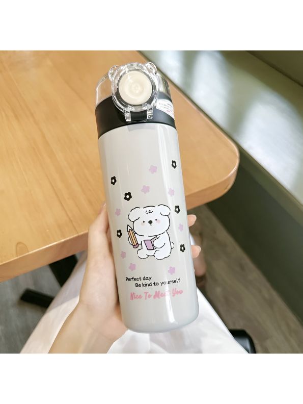 Grey - TailSip Stainless Steel Bottle – 500ml Cute Puppy Design Sipper | Perfect for School & Office NOV11558.