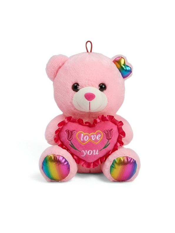 Teddy Bear Plush Toy 21 cm with Rainbow Ears & Feet – “Love You” Heart Soft Toy Light Pink ST16121.