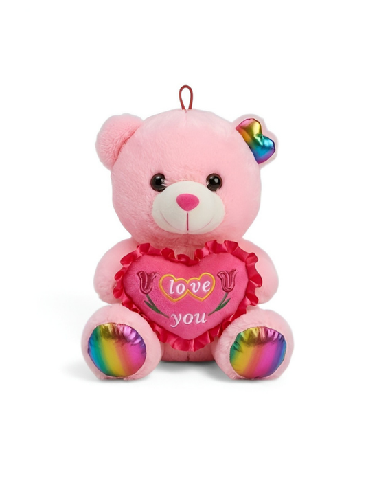 Teddy Bear Plush Toy 21 cm with Rainbow Ears & Feet – “Love You” Heart Soft Toy Light Pink ST16121.
