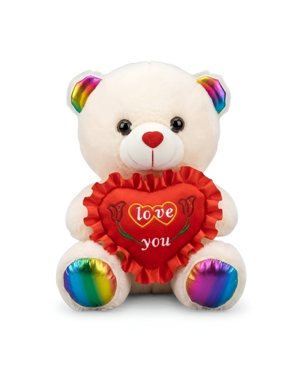 Teddy Bear Plush Toy 21 cm with Rainbow Ears & Feet – “Love You” Heart Soft Toy White ST16121.