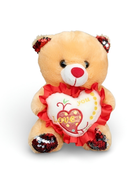 Teddy Bear with Red Sequin Ears and Heart – Soft Plush Toy Brown ST16175.