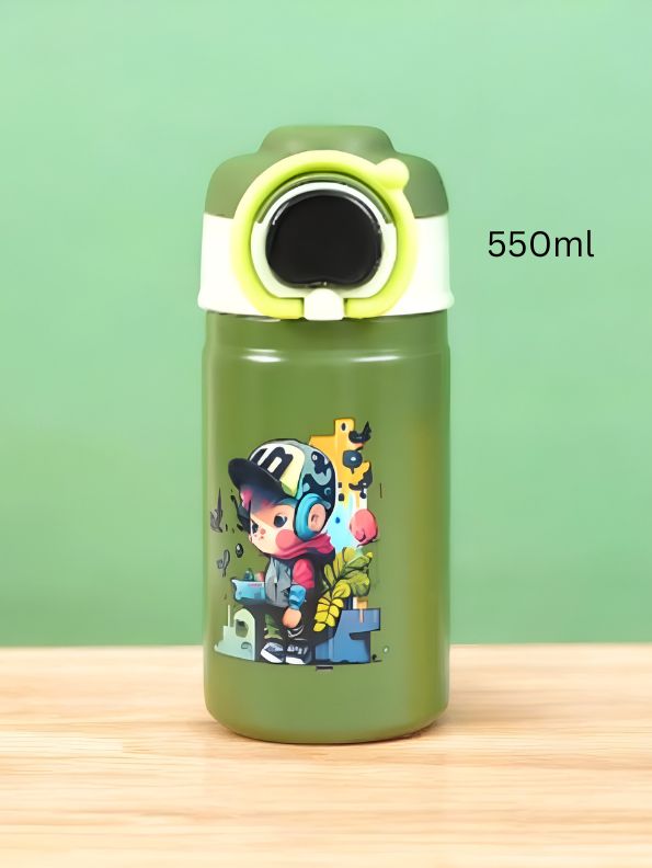 Green - Temperature Control Stainless Steel Water Bottle – 550ml Cartoon Aesthetic Design with Push Button Sipper NOV8420.