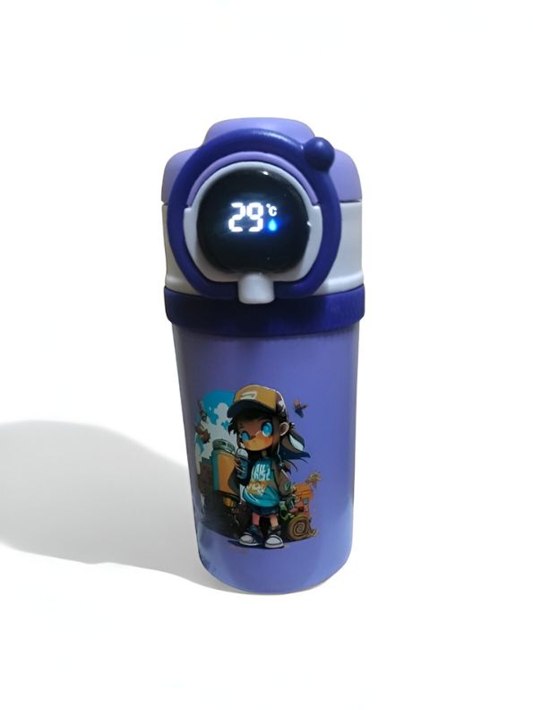 Purple - Temperature Control Stainless Steel Water Bottle – 550ml Cartoon Aesthetic Design with Push Button Sipper NOV8420.
