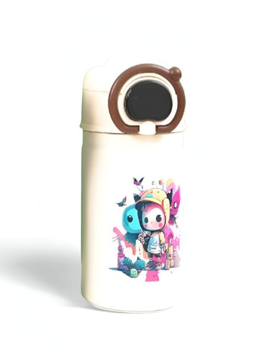 White - Temperature Control Stainless Steel Water Bottle – 550ml Cartoon Aesthetic Design with Push Button Sipper NOV8420.