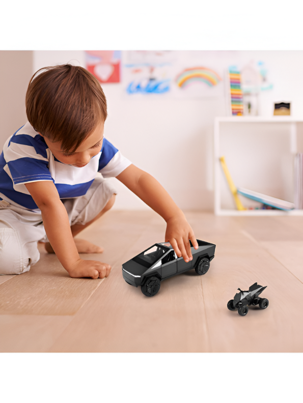 Black - Tesla Cybertruck Diecast Model with Cyberquad ATV | 1:32 Scale Collectible Toy Truck Set LMI15501