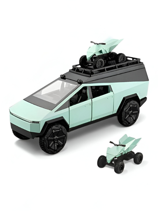 Green - Tesla Cybertruck Adventure Toy with Roof Cargo Rack and Cyberquad 1:32 Scale | Premium Diecast Gift LMI15667
