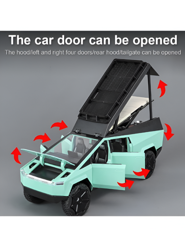Green - Tesla Cybertruck Adventure Toy with Roof Cargo Rack and Cyberquad 1:32 Scale | Premium Diecast Gift LMI15667