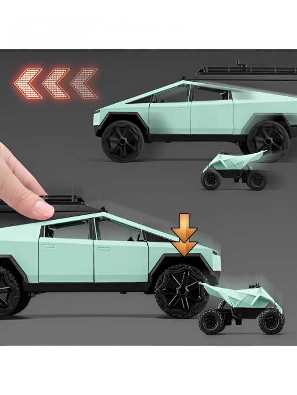 Green - Tesla Cybertruck Adventure Toy with Roof Cargo Rack and Cyberquad 1:32 Scale | Premium Diecast Gift LMI15667