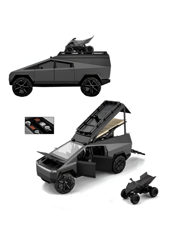 Black - Tesla Cybertruck Adventure Toy with Roof Cargo Rack and Cyberquad 1:32 Scale | Premium Diecast Gift LMI15667