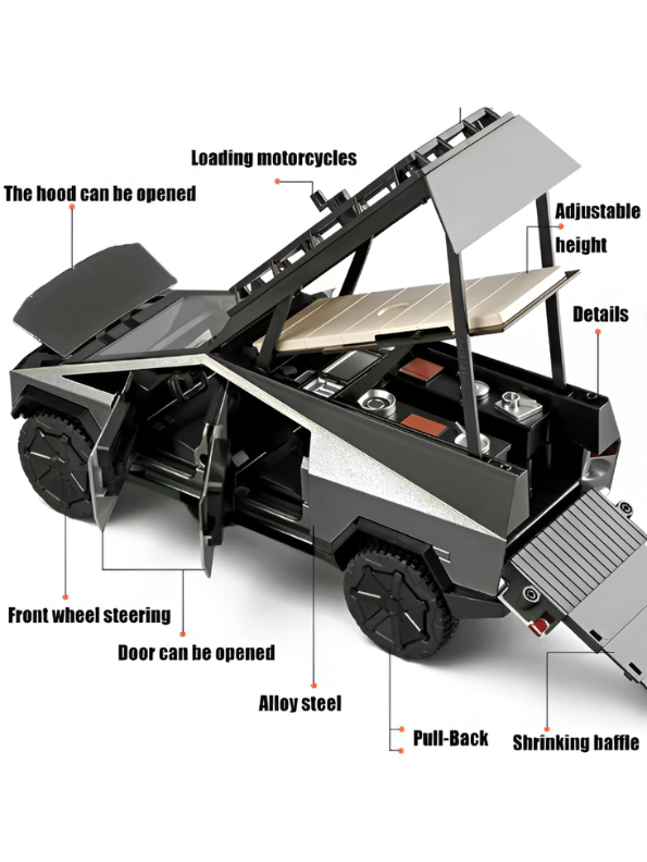 Black - Tesla Cybertruck Adventure Toy with Roof Cargo Rack and Cyberquad 1:32 Scale | Premium Diecast Gift LMI15667