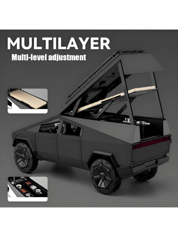 Black - Tesla Cybertruck Adventure Toy with Roof Cargo Rack and Cyberquad 1:32 Scale | Premium Diecast Gift LMI15667