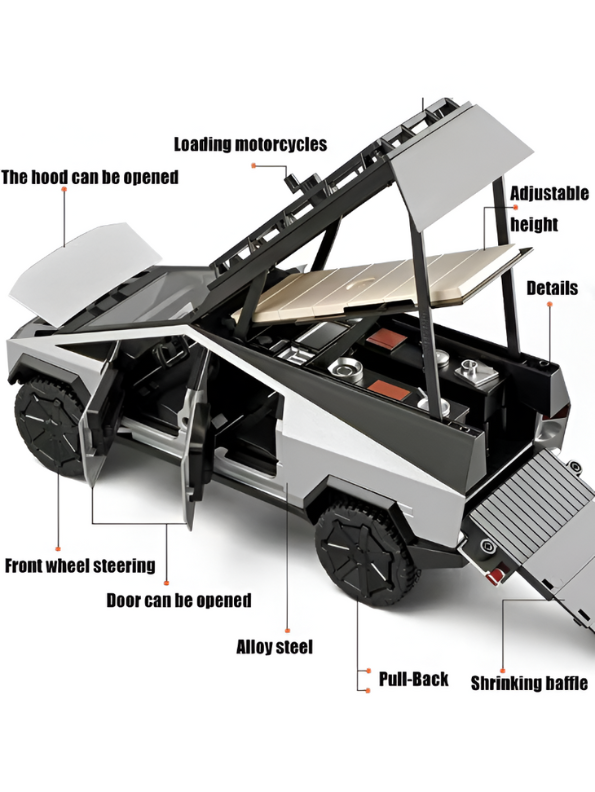 Tesla Cybertruck Adventure Toy with Roof Cargo Rack and Cyberquad 1:32 Scale | Premium Diecast Gift LMI15667