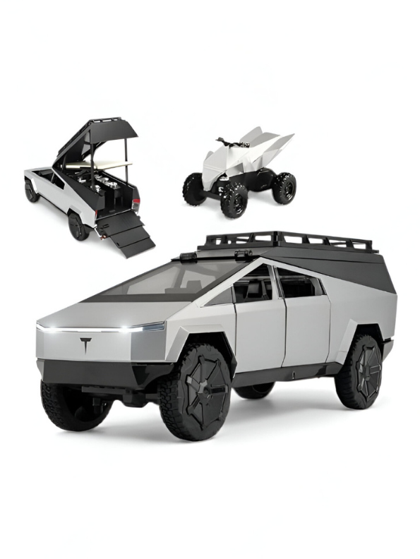 Tesla Cybertruck Adventure Toy with Roof Cargo Rack and Cyberquad 1:32 Scale | Premium Diecast Gift LMI15667