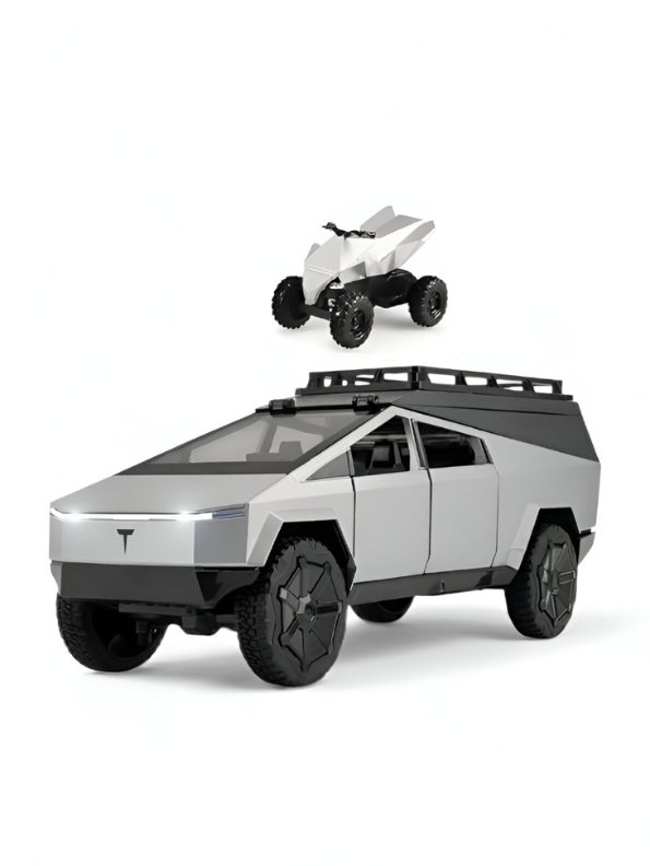 Tesla Cybertruck Adventure Toy with Roof Cargo Rack and Cyberquad 1:32 Scale | Premium Diecast Gift LMI15667