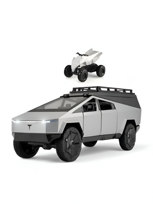 Tesla Cybertruck Adventure Toy with Roof Cargo Rack and Cyberquad 1:32 Scale | Premium Diecast Gift LMI15667