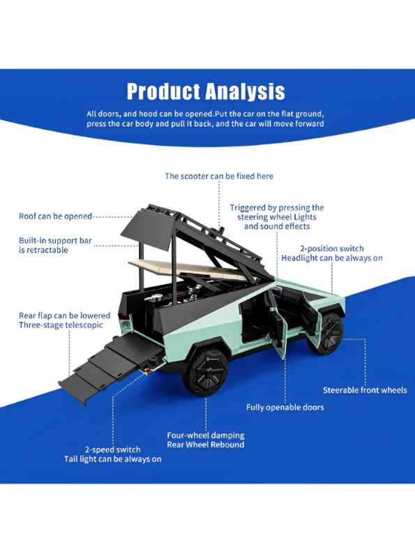 Green - Tesla Cybertruck Adventure Toy with Roof Cargo Rack and Cyberquad 1:32 Scale | Premium Diecast Gift LMI15667