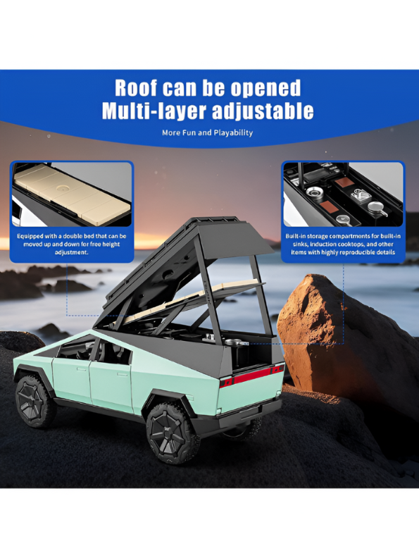 Green - Tesla Cybertruck Adventure Toy with Roof Cargo Rack and Cyberquad 1:32 Scale | Premium Diecast Gift LMI15667