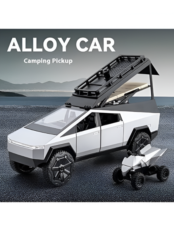 Tesla Cybertruck Adventure Toy with Roof Cargo Rack and Cyberquad 1:32 Scale | Premium Diecast Gift LMI15667