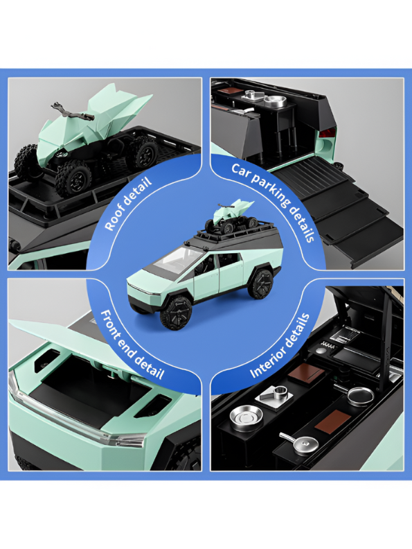Green - Tesla Cybertruck Adventure Toy with Roof Cargo Rack and Cyberquad 1:32 Scale | Premium Diecast Gift LMI15667