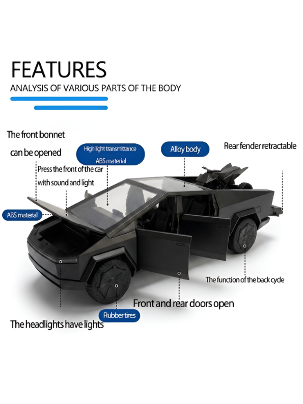 Tesla Cybertruck Style Alloy Model Car 1:28 Scale – Black Diecast Metal Collectible with Opening Doors TV6170