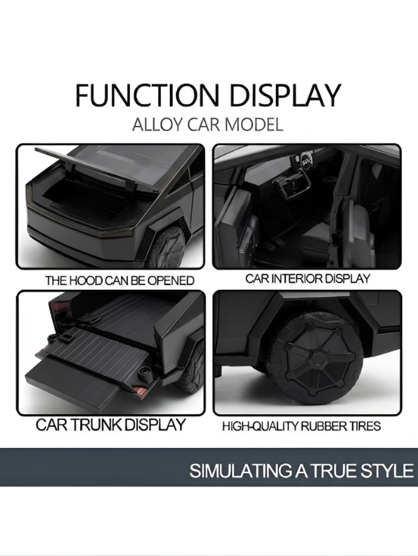 Tesla Cybertruck Style Alloy Model Car 1:28 Scale – Black Diecast Metal Collectible with Opening Doors TV6170