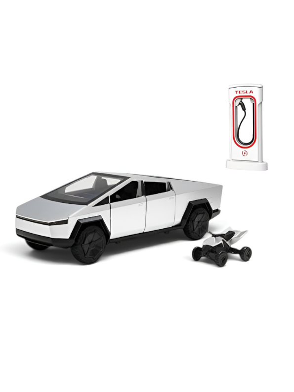 Tesla Cybertruck Style Alloy Model Car 1:28 Scale – Silver Diecast Metal Collectible with Opening Doors TV6170