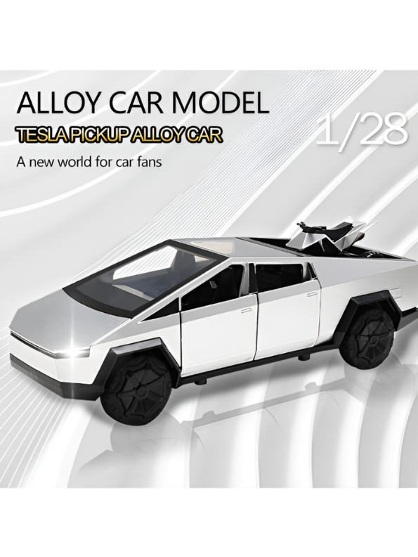 Tesla Cybertruck Style Alloy Model Car 1:28 Scale – Silver Diecast Metal Collectible with Opening Doors TV6170