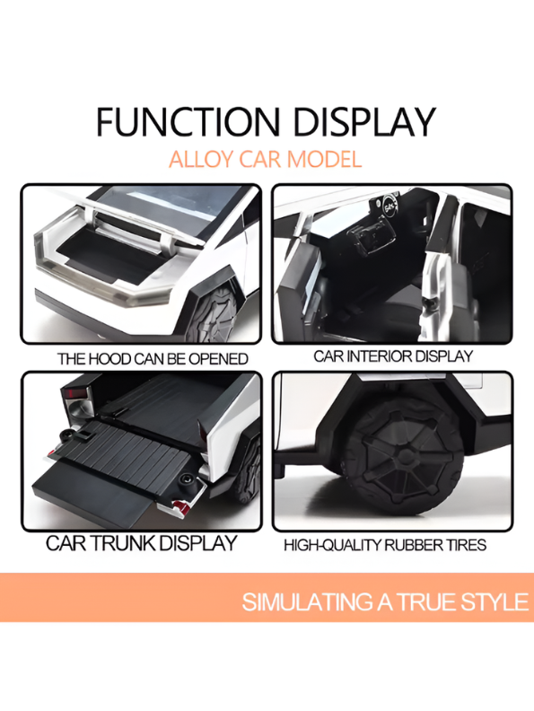 Tesla Cybertruck Style Alloy Model Car 1:28 Scale – Silver Diecast Metal Collectible with Opening Doors TV6170