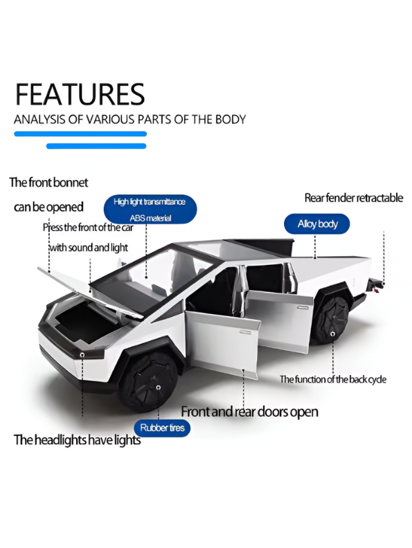 Tesla Cybertruck Style Alloy Model Car 1:28 Scale – Silver Diecast Metal Collectible with Opening Doors TV6170