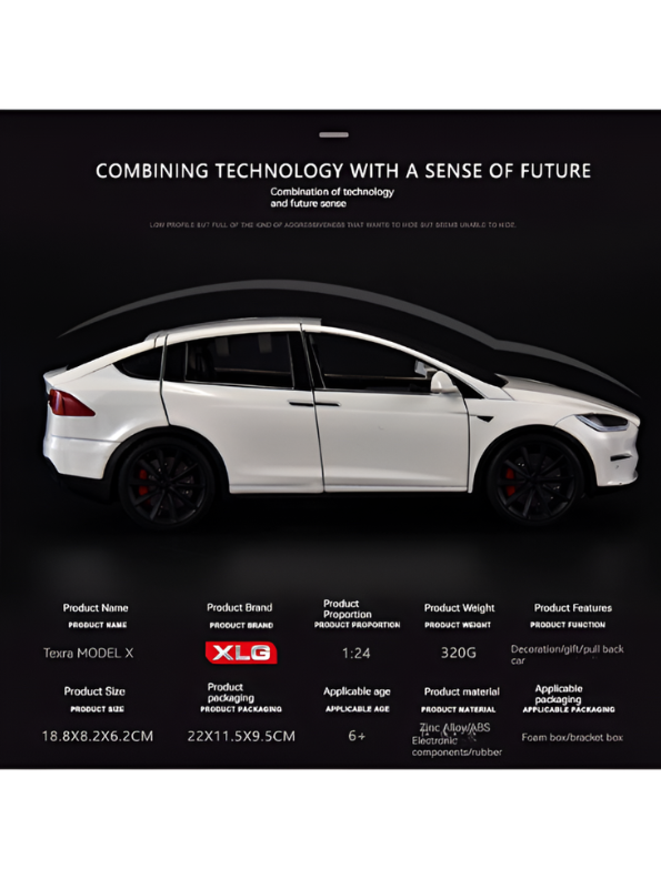 Tesla Model X 1:24 Scale Diecast Metal Car | Pull Back Action | Sound & Light | Opening Doors | Collectible Model Car Kids & Adults TV6171