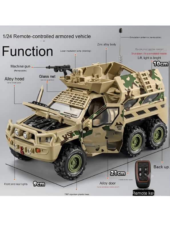 Tiger Alloy RC Armored Vehicle: 1/24 Military 6x6 Off-Road Truck with Removable Machine Gun, Simulation Sound & Lighting, and Functional Hood/Doors TV5619
