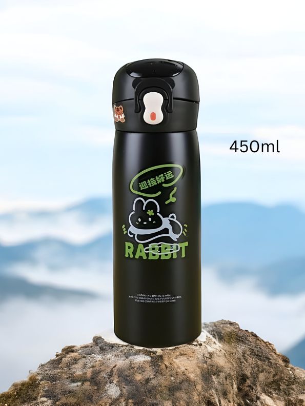 Black - TinyHydro – Cartoon Print Bottle 450ml Stainless Steel, Push Button with Lock, Smart Temp Display NOV7250.