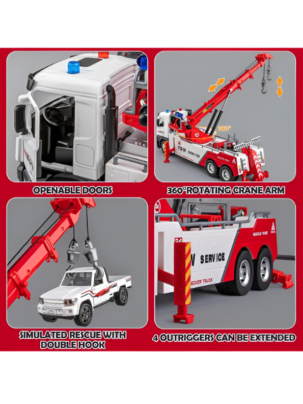 Tow Service Truck Die-Cast Model 1:24 Scale For Kids - Durable & Realistic Play Red LMI15705.