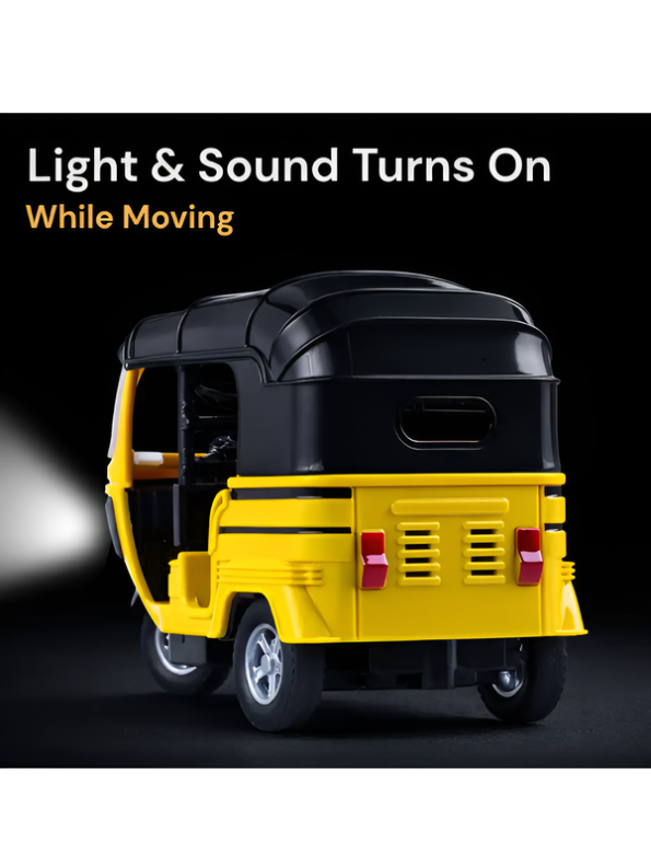Toy Auto Rickshaw Pack of 3 – Pull-Back Action, Lights & Sounds Multi-Color Tuk-Tuk Set LMI15841