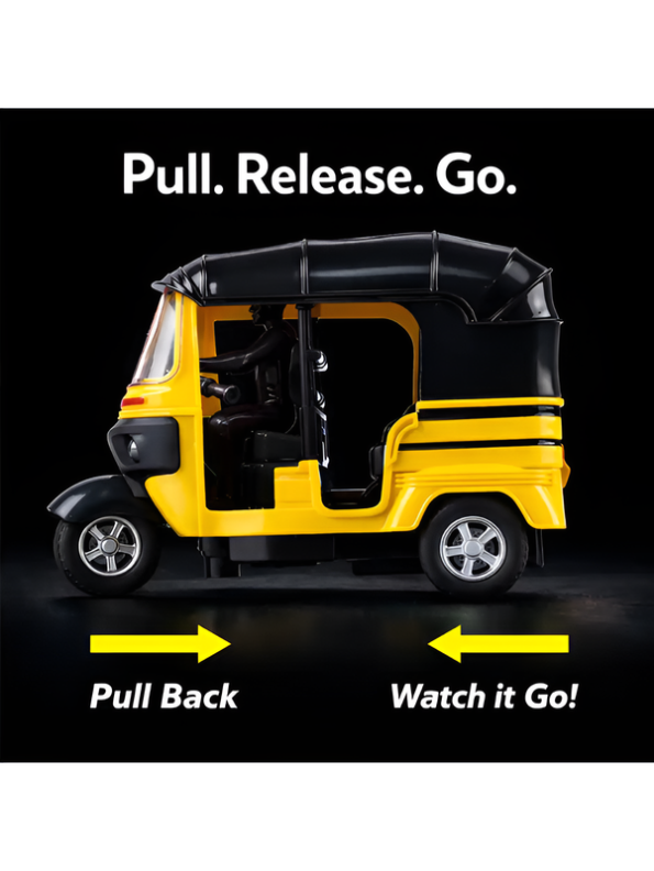 Toy Auto Rickshaw Pack of 3 – Pull-Back Action, Lights & Sounds Multi-Color Tuk-Tuk Set LMI15841