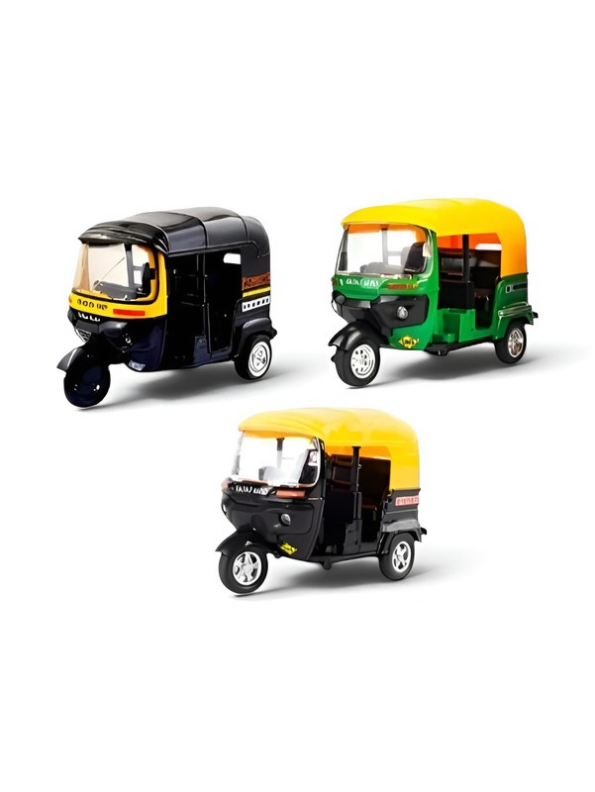 Toy Auto Rickshaw Pack of 3 – Pull-Back Action, Lights & Sounds Multi-Color Tuk-Tuk Set LMI15841