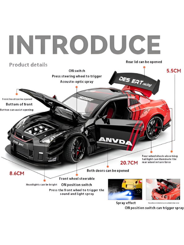 Nissan GTR Alloy Model Diecast Car –  Black 1:24 Scale Interactive Toy with Light, Sound, and Water Spray Effects Collectible Racing Car TV5267