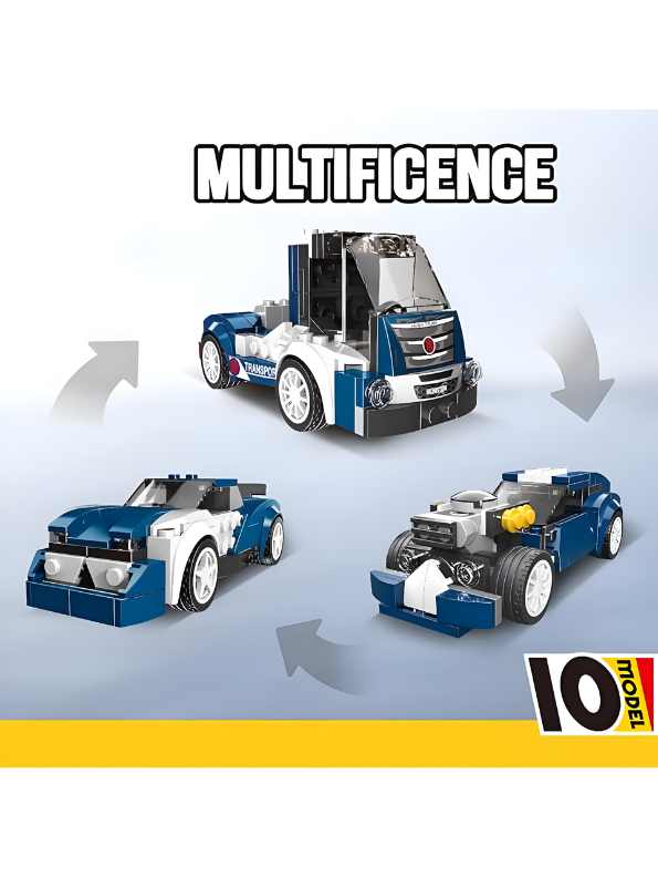 10-in-1 Super Racing Building Bricks Set - 216+ Pcs STEM Construction Toy - Transformable Truck, Race Cars, and Hot Rod Models with Minifigure for Kids TV5049