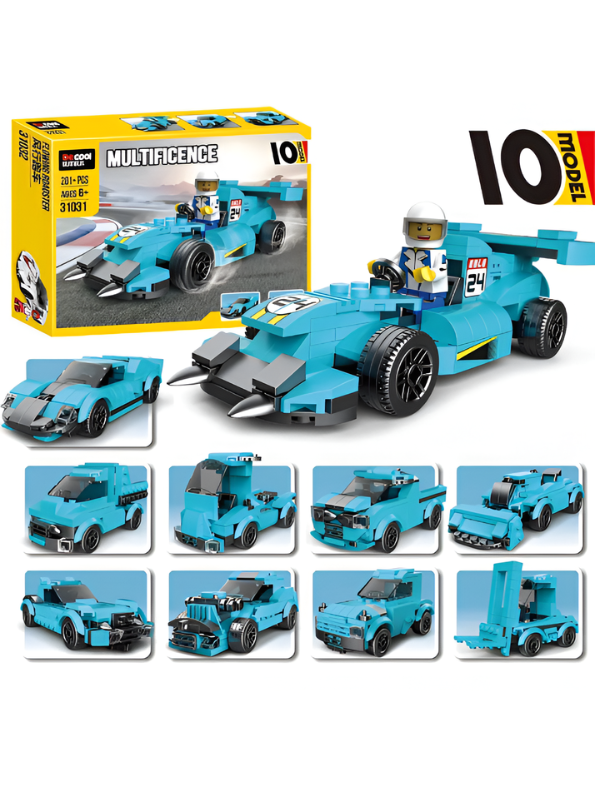 Multificence 10-in-1 Blue Ghost Race Car Building Set – 201+ Pieces STEM Construction Toy, Transformable Model Kit for Kids, Creative DIY Engineering Blocks for Ages 6+ TV6672