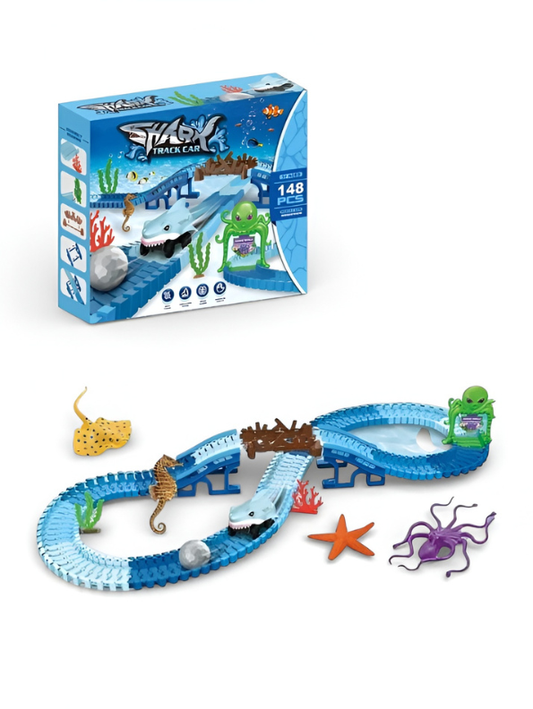 148-Piece Shark-Themed Flexible Race Track Set for Kids – Electric Shark Car, Ocean Adventure DIY Construction Toy with Bridge & Obstacles, Educational STEM Toy for Ages 3+ TV1728